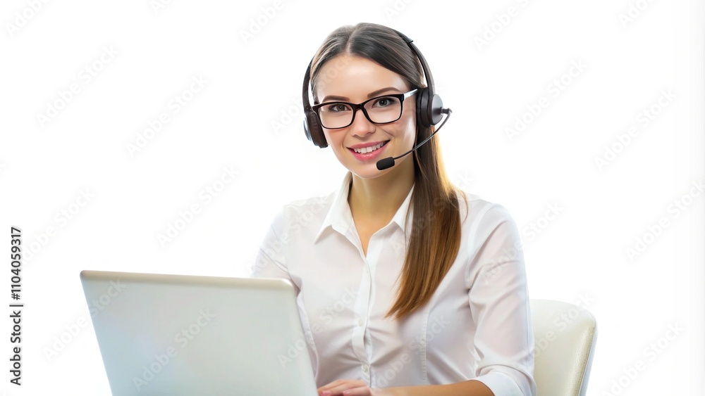Professional woman with headset working on laptop in bright office, smiling at camera, representing customer service and online communication solutions Professional woman with headset working on laptop in bright office, smiling at camera, representing customer service and online communication solutions