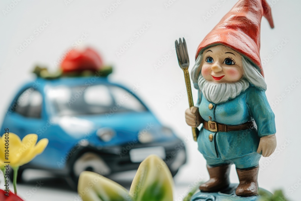A small gnome figurine sits beside a toy car, ideal for use in children's storybook illustrations or fantasy-themed designs A small gnome figurine sits beside a toy car, ideal for use in children's storybook illustrations or fantasy-themed designs