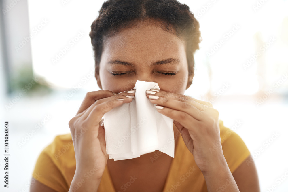 Sneeze, woman and sick in office with tissue for illness, health risk and influenza virus. Business, administrator and runny nose with medical problem, sinus infection and hayfever for allergy season Sneeze, woman and sick in office with tissue for illness, health risk and influenza virus. Business, administrator and runny nose with medical problem, sinus infection and hayfever for allergy season