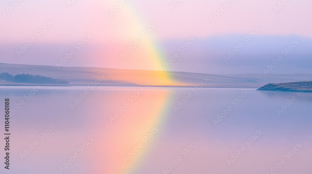 Fototapeta premium Pastel rainbow reflected in a calm lake at dawn.