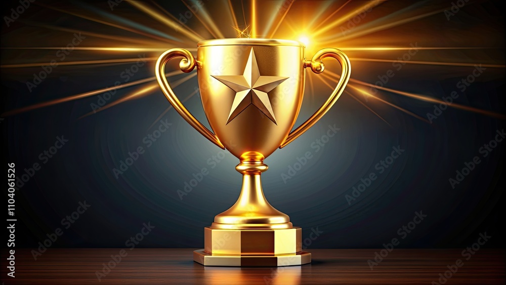 Shining Gold Trophy with Star Design on a Wooden Surface, Symbolizing Achievement and Success in Competition, Celebrating Excellence and Victory in Sports or Events Shining Gold Trophy with Star Design on a Wooden Surface, Symbolizing Achievement and Success in Competition, Celebrating Excellence and Victory in Sports or Events