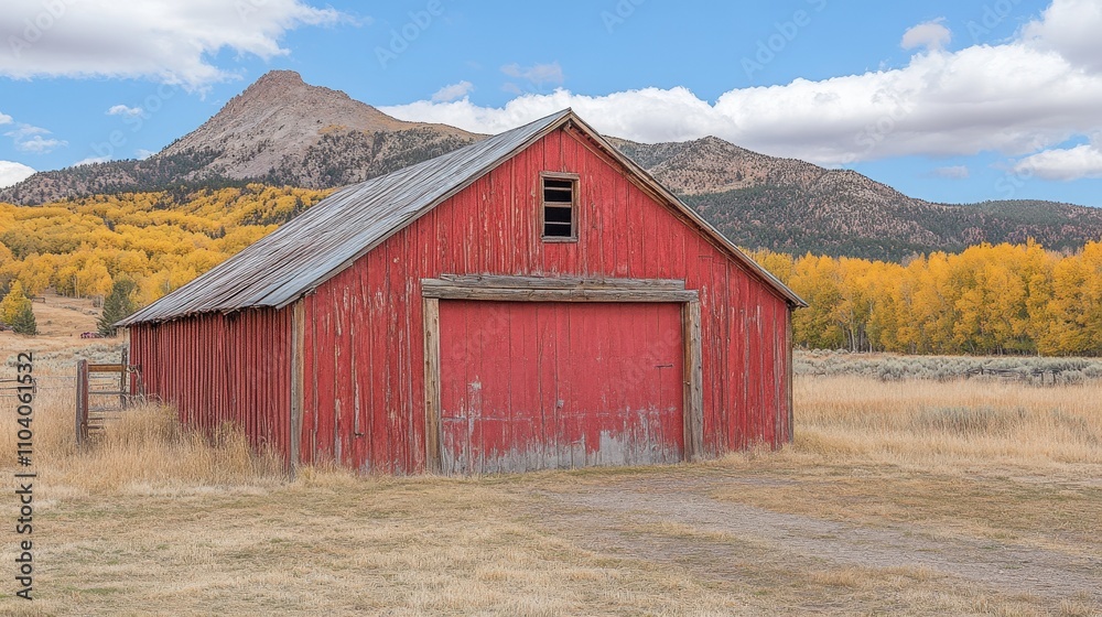 A rustic red barn set against a backdrop of mountains and autumn foliage. A rustic red barn set against a backdrop of mountains and autumn foliage.