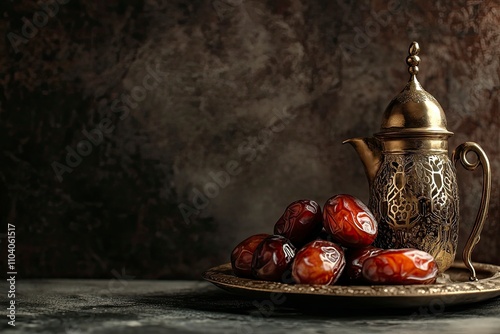 Safri or Majdool Juicy and Sweet Dates on Dark Background. Ramadan and Eid Mubarak Special Traditional Middle East Arab Traditional Dates for Iftar.  photo