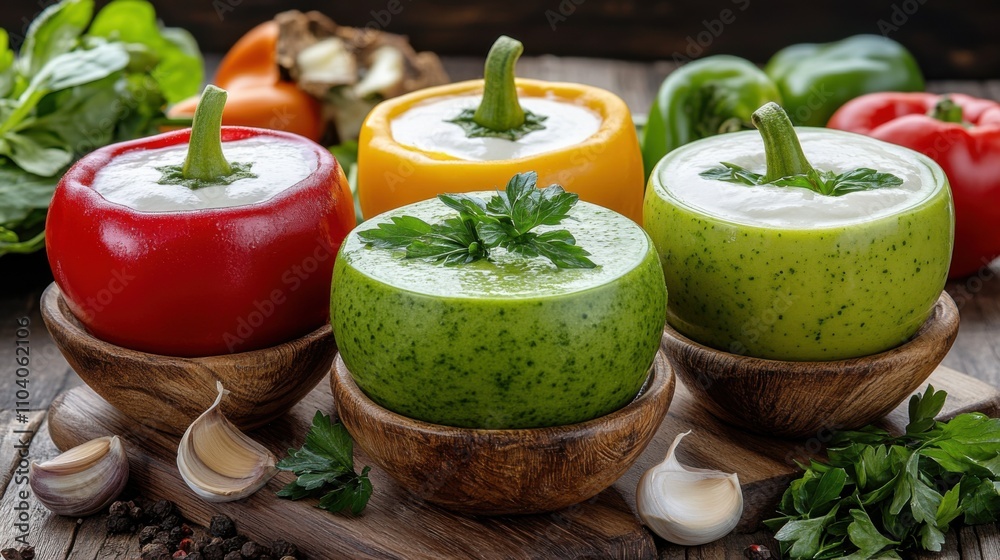 Colorful bell peppers shaped like apples, garnished with herbs, arranged in wooden bowls, showcasing freshness and a vibrant culinary aesthetic. Colorful bell peppers shaped like apples, garnished with herbs, arranged in wooden bowls, showcasing freshness and a vibrant culinary aesthetic.