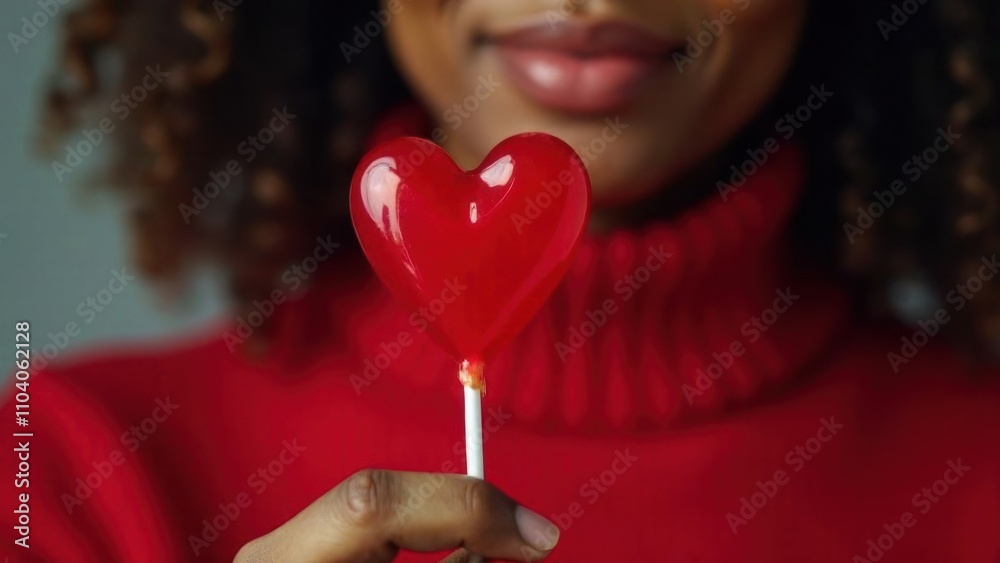 close-up a dark- skinned woman in a red sweater holds in hand a lollipop in the form of a red heart on a white stick, blurred background close-up a dark- skinned woman in a red sweater holds in hand a lollipop in the form of a red heart on a white stick, blurred background