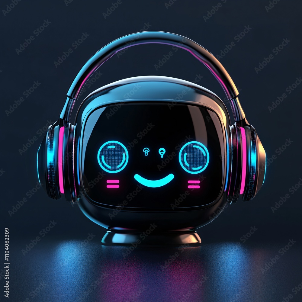 Cute and Friendly Robot Character with Headphones in Futuristic Style for Modern Technology and Entertainment Concepts Cute and Friendly Robot Character with Headphones in Futuristic Style for Modern Technology and Entertainment Concepts