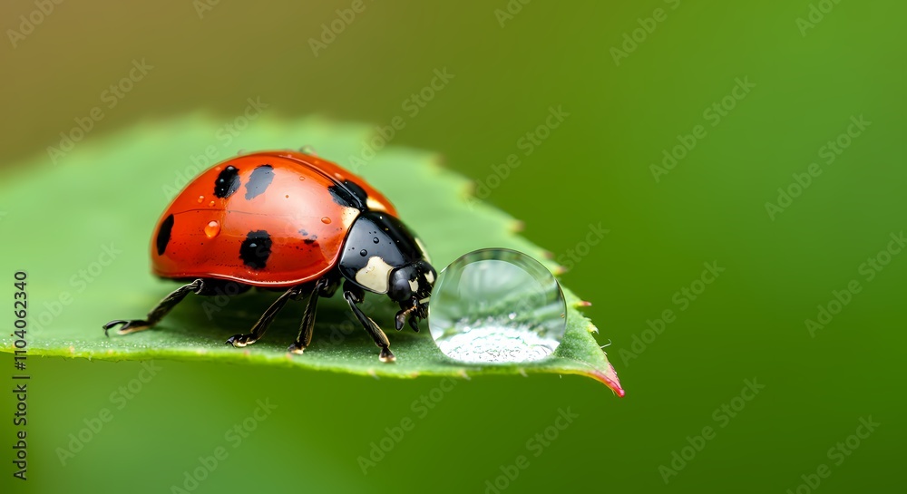 Red Ladybug on a Vibrant Green Leaf, Leaves, Rain Drop Dew Water, Insect Bug Nature Wildlife Image Red Ladybug on a Vibrant Green Leaf, Leaves, Rain Drop Dew Water, Insect Bug Nature Wildlife Image