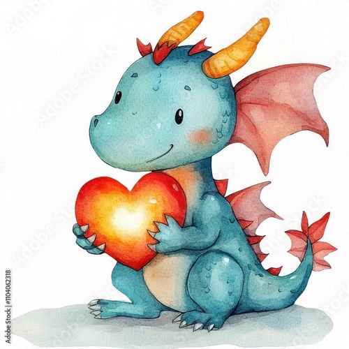 Watercolor illustration clipart of a dragon holding a glowing heart crystal in its claws, Digital clipart watercolor aesthetic,  isolated on white background. photo