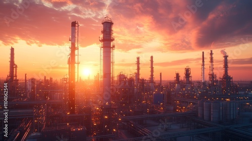 Industrial landscape at sunset with towering structures and glowing lights.