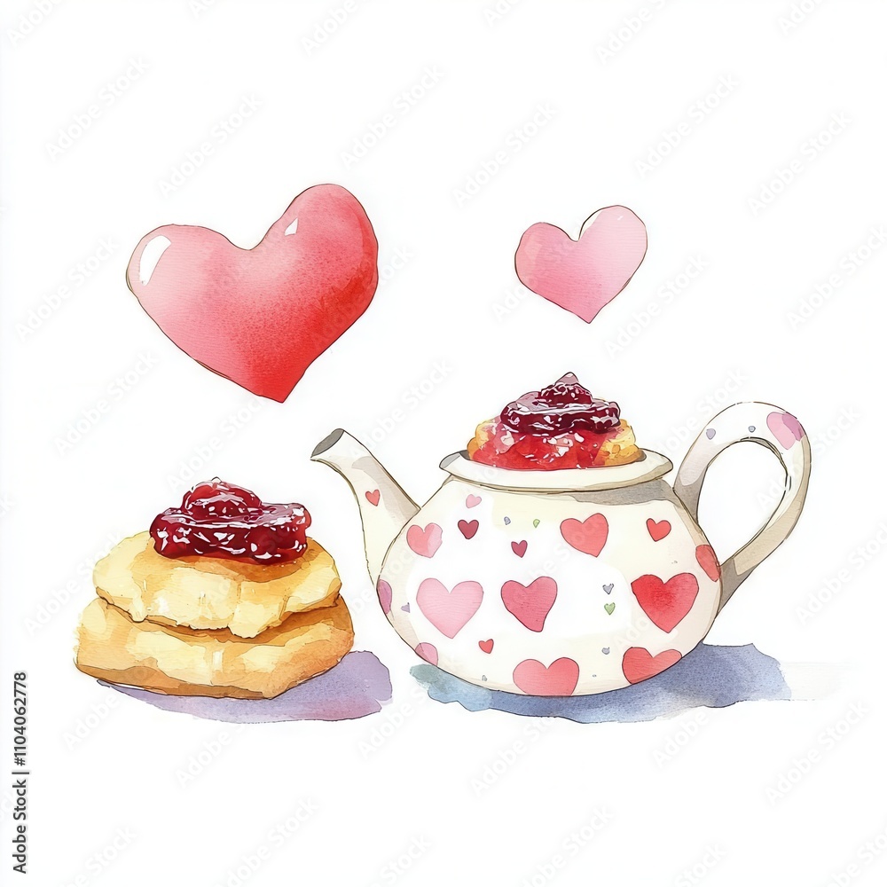 Watercolor illustration clipart of a teapot with tiny hearts and a scone topped with jam, Digital clipart watercolor aesthetic, isolated on white background. Watercolor illustration clipart of a teapot with tiny hearts and a scone topped with jam, Digital clipart watercolor aesthetic, isolated on white background.