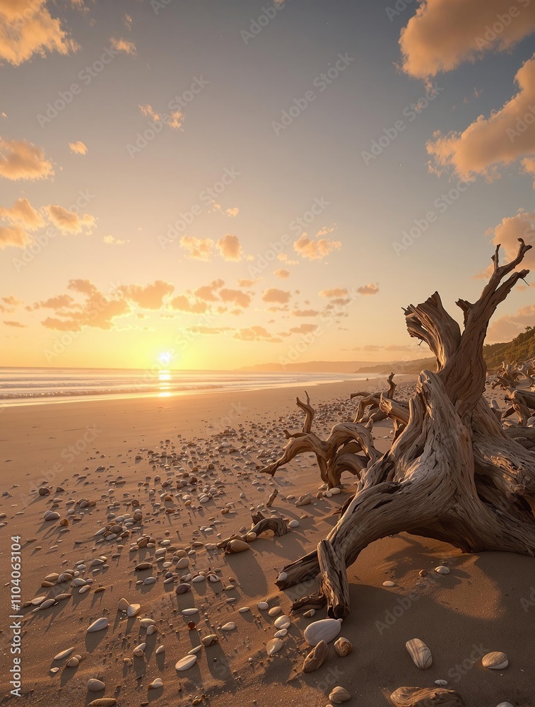 Driftwood and seashells line the shoreline as the sun sets over the ocean , natural scenery, driftwood, shoreline, sunset glow, seaside treasures Driftwood and seashells line the shoreline as the sun sets over the ocean , natural scenery, driftwood, shoreline, sunset glow, seaside treasures