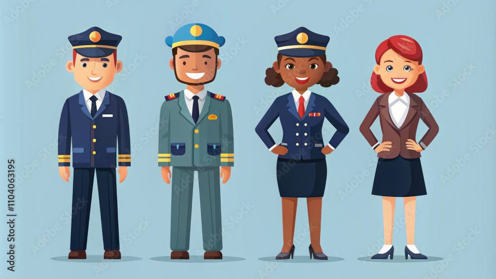 Cartoon Characters in Uniforms Featuring a Pilot, a Military Officer, a Police Officer, and a Businesswoman Against a Light Blue Background Cartoon Characters in Uniforms Featuring a Pilot, a Military Officer, a Police Officer, and a Businesswoman Against a Light Blue Background