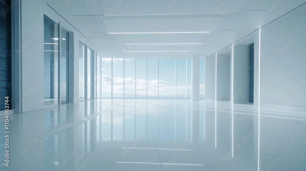 Fototapeta premium Modern, bright, spacious office with panoramic windows and sleek design.