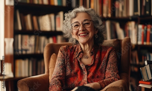 Joyful Senior Woman Relaxing in Library Chair photo