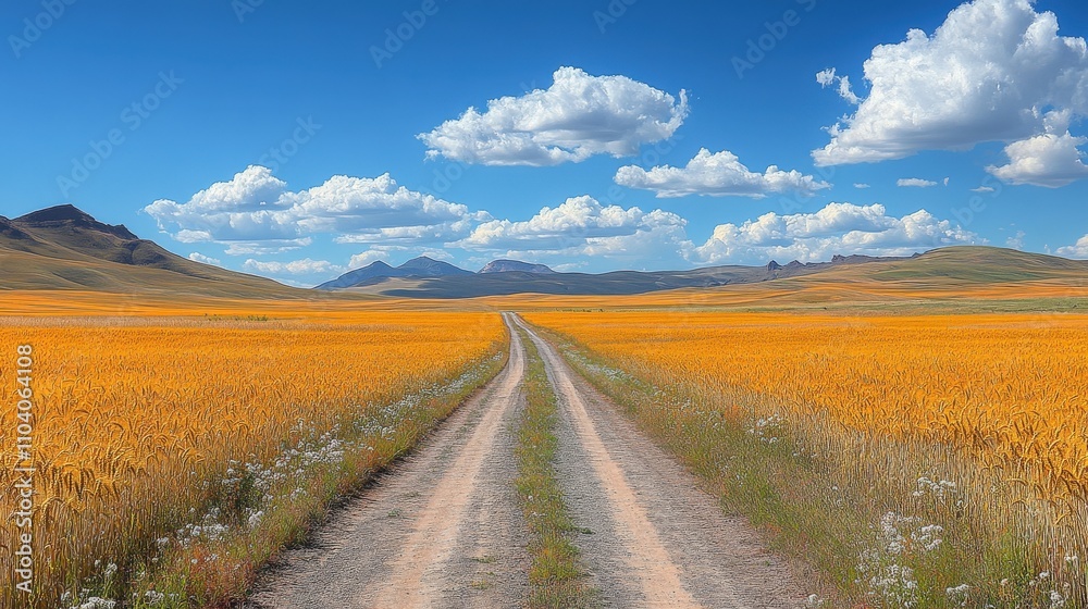 Naklejka premium A scenic dirt road through vibrant orange fields under a blue sky with fluffy clouds.