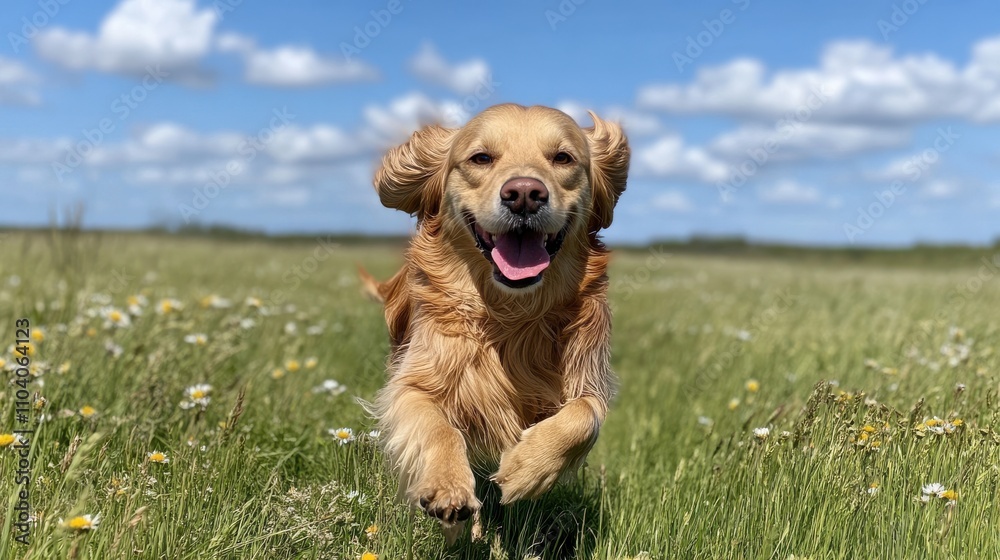 A joyful golden retriever playing in a sunny meadow filled with wildflowers on a clear day A joyful golden retriever playing in a sunny meadow filled with wildflowers on a clear day