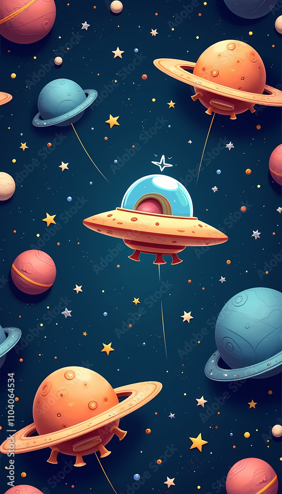 Cartoon UFO in a colorful space with planets and stars for children design Cartoon UFO in a colorful space with planets and stars for children design
