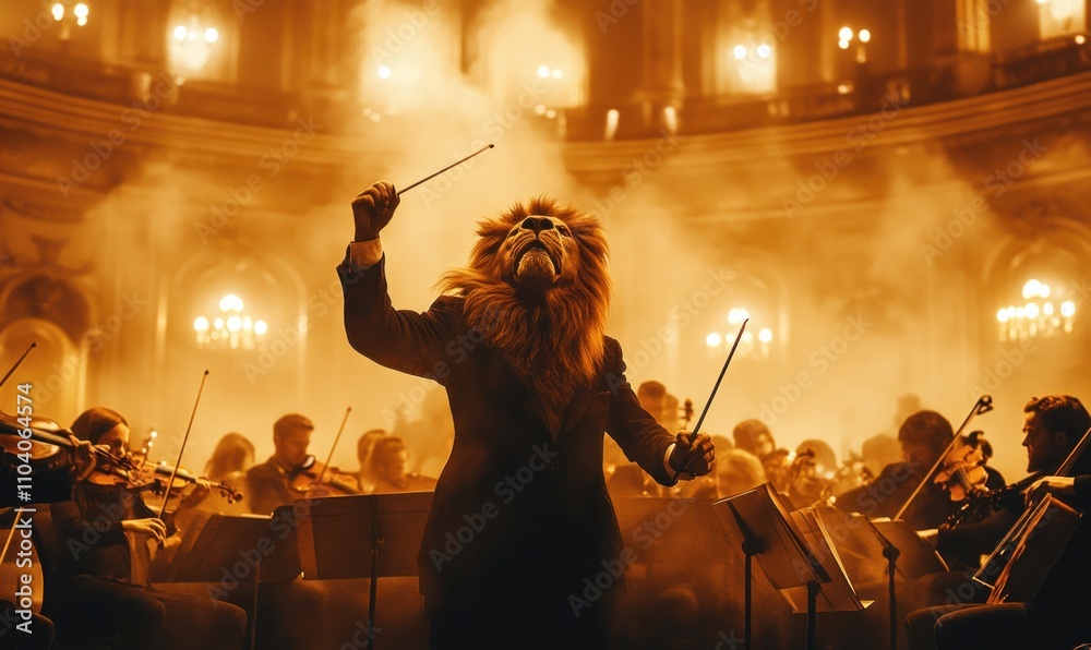 Fototapeta premium Lion Conducting Orchestra in Majestic Concert Hall