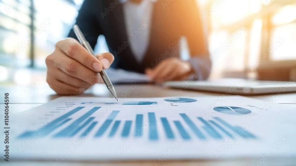 Businessperson reviewing financial charts and graphs with a pen.
