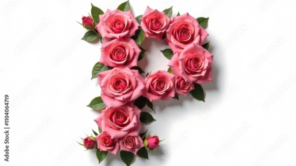 Letter P made from white- pink roses with green leaves on a white isolated background Letter P made from white- pink roses with green leaves on a white isolated background