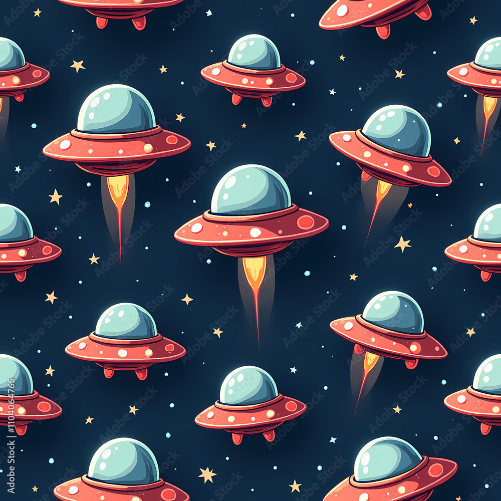 Cartoon UFO pattern flying in a colorful starry space for children's design Cartoon UFO pattern flying in a colorful starry space for children's design