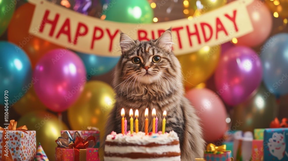 Naklejka premium A fluffy cat sitting in front of a birthday cake with candles, surrounded by balloons and gifts. A banner reads 