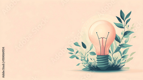 Illustration of a light bulb with leaves, green energy concept, available copy space. 