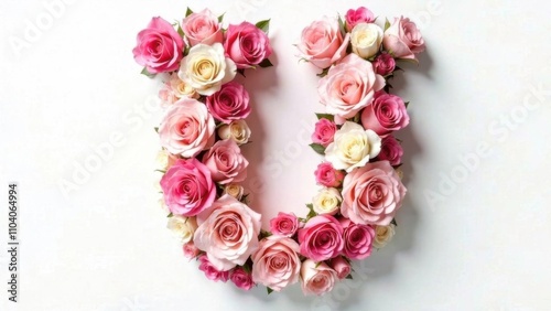 Letter U made from pink, white roses on a white isolated background