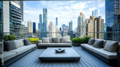 Wallpaper Mural Modern Urban Balcony with Comfortable Seating Overlooking a City Skyline on a Clear Day, Showcasing Contemporary Architecture and Elegant Outdoor Living Torontodigital.ca