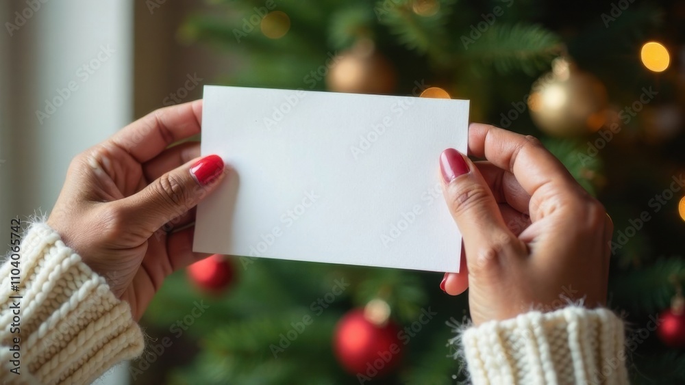 top view mockup of a dark- skinned women's hands in the white sweater holding a postcard with space for text, a decorated Christmas tree with lights and white trousers in the background
