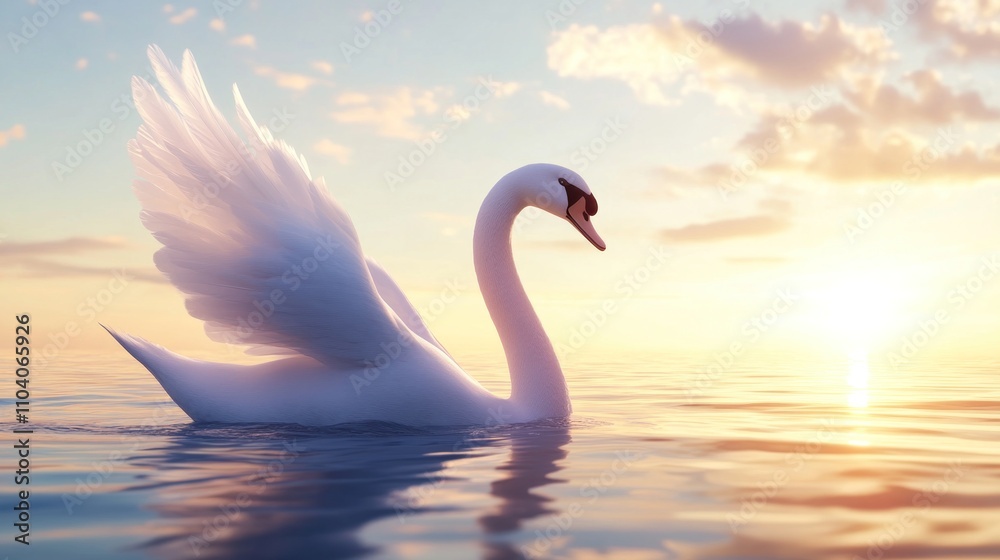 Fototapeta premium Majestic white swan with wings partially open, gracefully gliding on calm water at sunset.