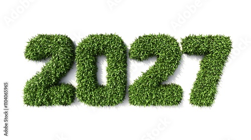 Text 2027 spelled out in green grass isolated on white background.