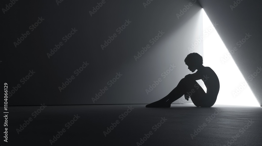 Silhouette of a person sitting alone in a dark room, illuminated by a single light source.