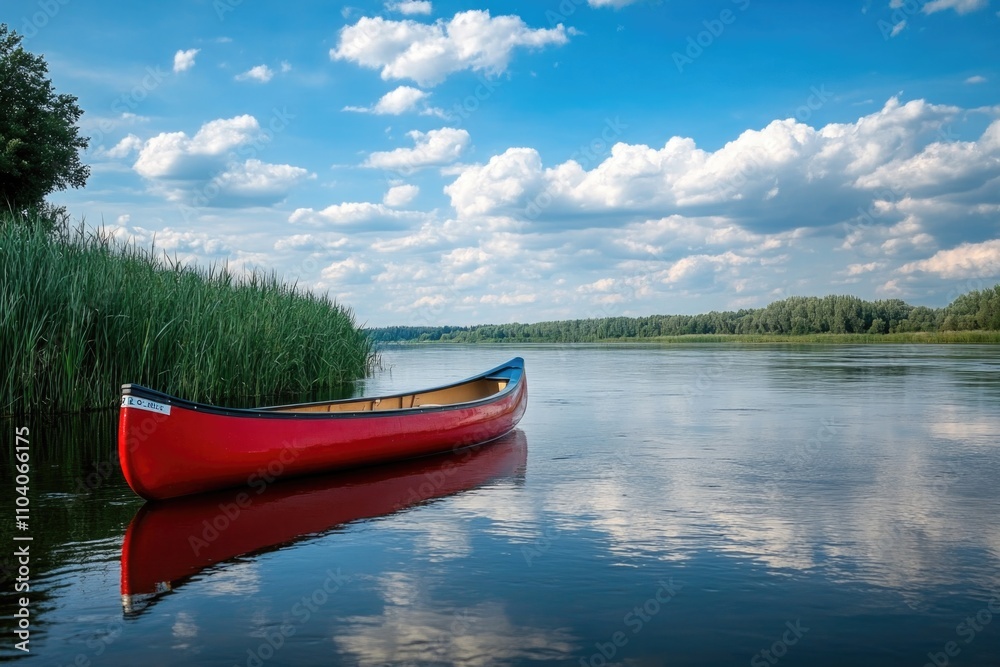 A lone red canoe sits atop a calm lake, awaiting its next adventure A lone red canoe sits atop a calm lake, awaiting its next adventure