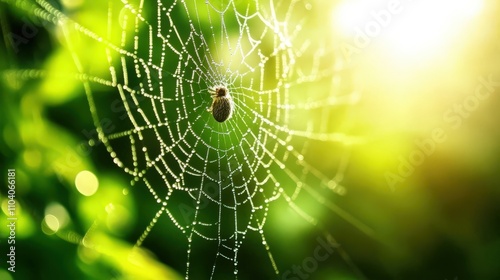 Close-up of a spider on a delicate web glistening in sunlight, surrounded by vibrant green foliage. Nature and tranquility in perfect harmony. photo