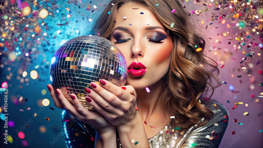 Naklejka premium Glamorous Woman with Glittering Disco Ball Surrounded by Colorful Confetti in a Vibrant and Energetic Party Atmosphere Celebrating Joy and Festivity
