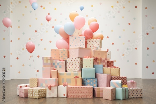 Colorful polka dot presents and pastel balloons create a festive birthday celebration atmosphere