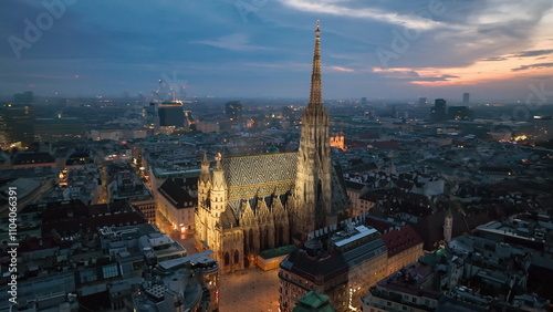 Aerial view of famous places St. Stephen's Cathedral Stephansdom at night. Mother church of the Roman Catholic Archdiocese of Vienna. Austria