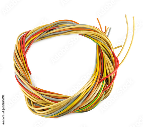 Close-up of multi-wire cables bundle plaited to circle isolated on white background. Colored wiring assembly of copper conductors with plastic insulation.