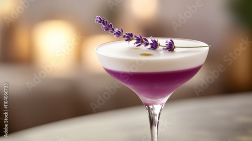 Lavender cocktail in coupe glass with creamy layer.