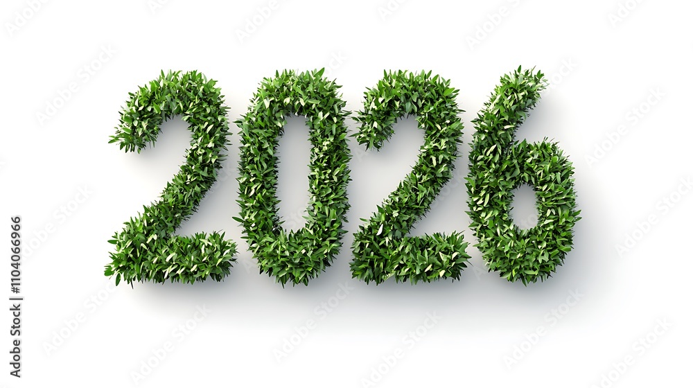 Text 2026 made of green grass isolated on white background.