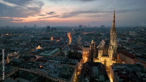 Aerial view of famous places St. Stephen's Cathedral Stephansdom at night. Mother church of the Roman Catholic Archdiocese of Vienna. Austria