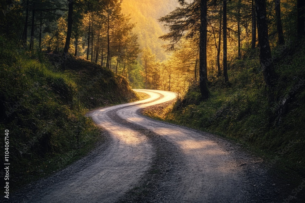 A scenic winding road surrounded by dense forest foliage A scenic winding road surrounded by dense forest foliage