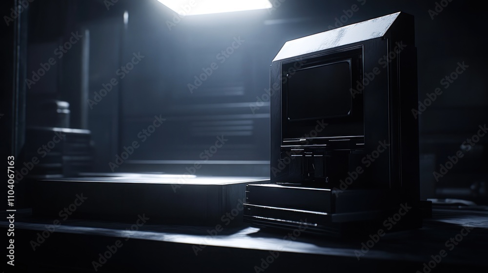 Retrofuturistic TV and VCR on a dark workbench in a dimly lit room. Retrofuturistic TV and VCR on a dark workbench in a dimly lit room.