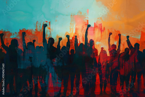 A vibrant abstract painting features a group of silhouetted people raising their fists in unity, set against a colorful background of blue, orange, and yellow hues. Generative Ai
