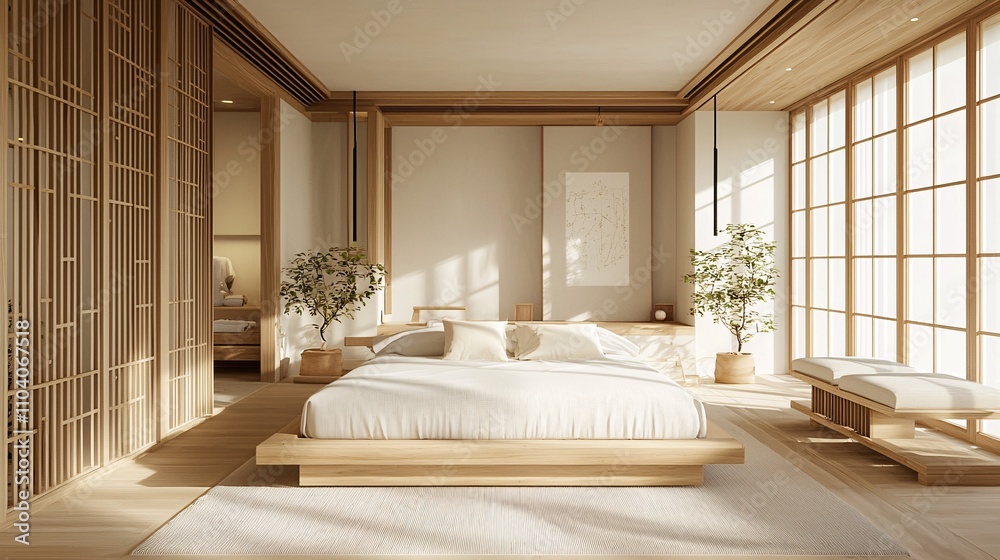 Serene and Minimalist Bedroom Interior Design with Natural Light, Wooden Furnishings, and Tranquil Atmosphere for Relaxation and Rest Serene and Minimalist Bedroom Interior Design with Natural Light, Wooden Furnishings, and Tranquil Atmosphere for Relaxation and Rest