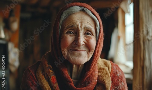 Elderly Woman Smiling in a Cozy Rustic Setting