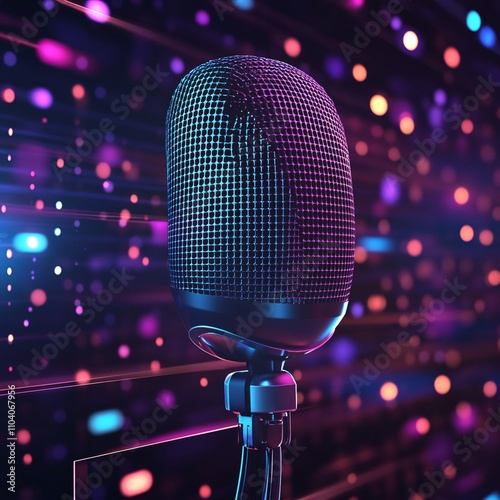 Modern Retro Microphone Surrounded by Colorful Bokeh Lights in an Abstract Setting, Perfect for Music, Podcasts, Audio Production, and Vintage Themes