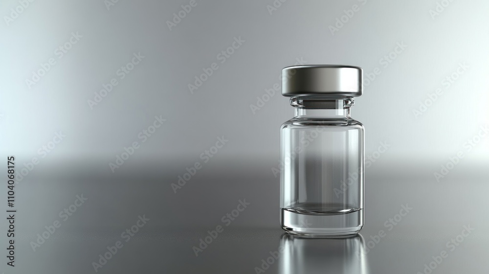 Empty clear glass vial with a silver cap on a reflective surface. Empty clear glass vial with a silver cap on a reflective surface.