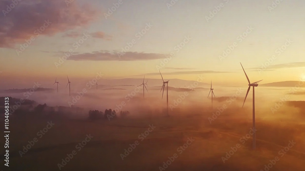 Obraz premium Aerial view of wind turbines in a misty sunrise landscape.